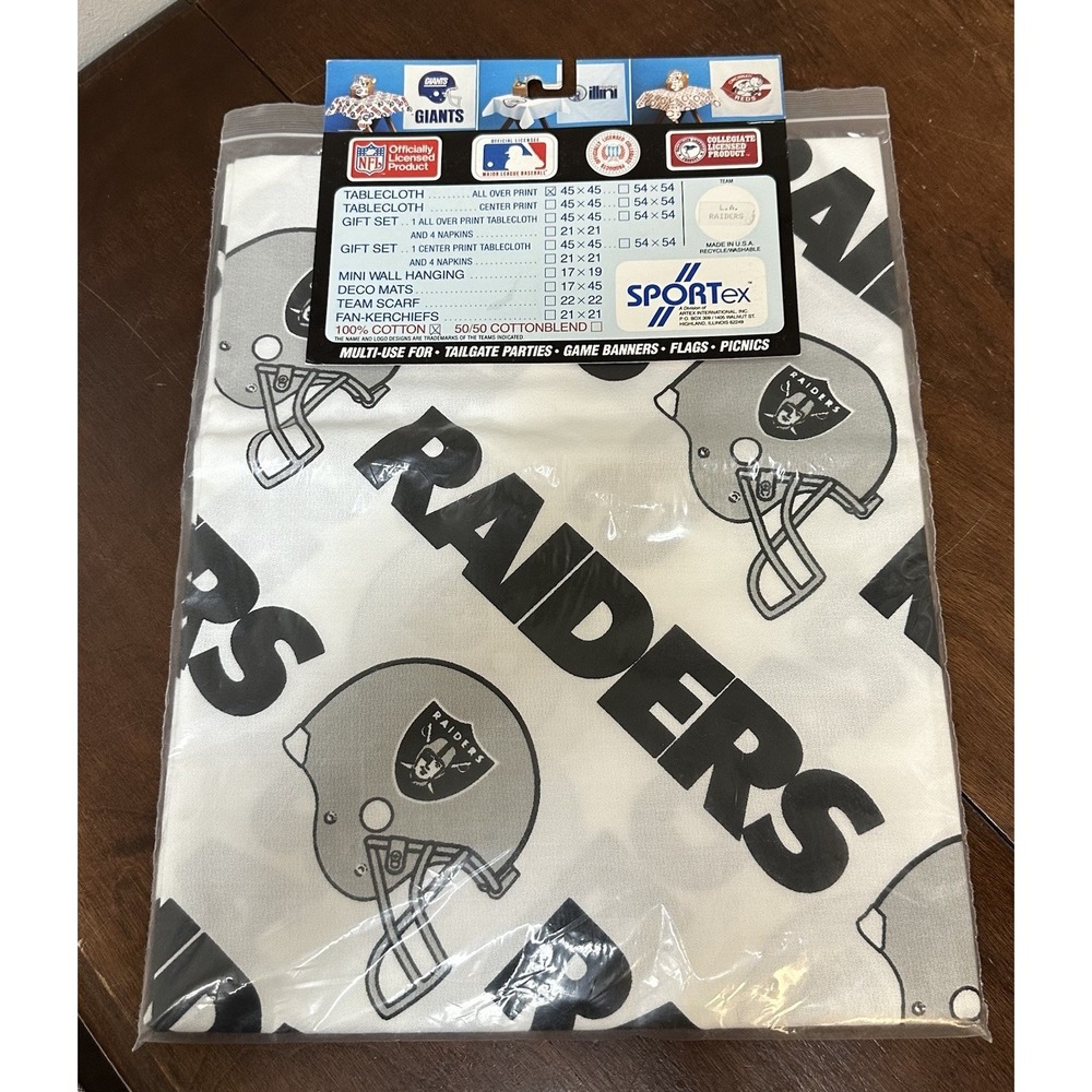 Vintage LA Raiders Cotton All Over Print 45 x 45 Tablecloth Made in USA NEW NOS